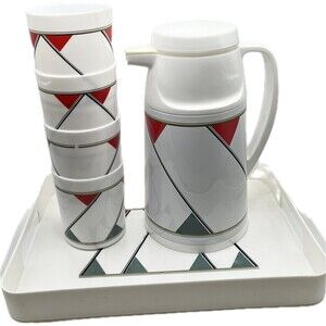 Vintage 1980s Zebra White Carafe Pitcher W/ 4 Cups & Serving Tray Set Taiwan